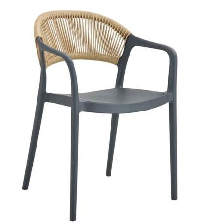 DONNA Πολυθρόνα Στοιβαζόμενη, PP-UV Ανθρακί, Rope Wicker Φυσικό