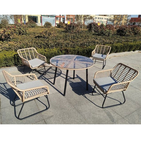 SALSA Τραπεζαρία: Μέταλλο Βαφή Μαύρο-Wicker Φυσικό, Μαξιλάρι Γκρι: Τραπέζι + 4 Πολυθρόνες