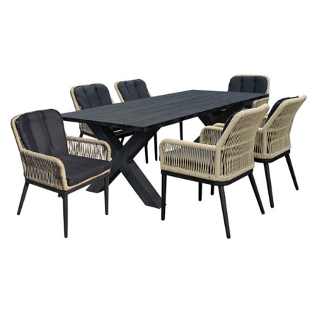 ALLEY Set Τραπεζαρία ALU Ανθρακί-Rope Φυσικό: Τραπέζι 180x94 + 8 Πολυθρόνες με Μαξιλ