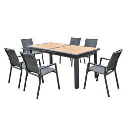 NAPOLI Set Dining ALU Κήπου: 6 Πολυθρόνες + Τραπέζι Επεκτ/νο Μαύρο-Καρυδί-Textilene Ανθρακί