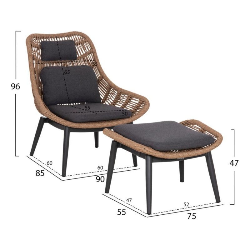 ΠΟΛΥΘΡΟΝΑ LOUNGE ΜΕ ΥΠΟΠΟΔΙΟ REMVAZZO HM6561.01 ΑΛΟΥΜΙΝΙΟ ΓΚΡΙ--WICKER 90x85x96Υεκ - vougioukas.gr