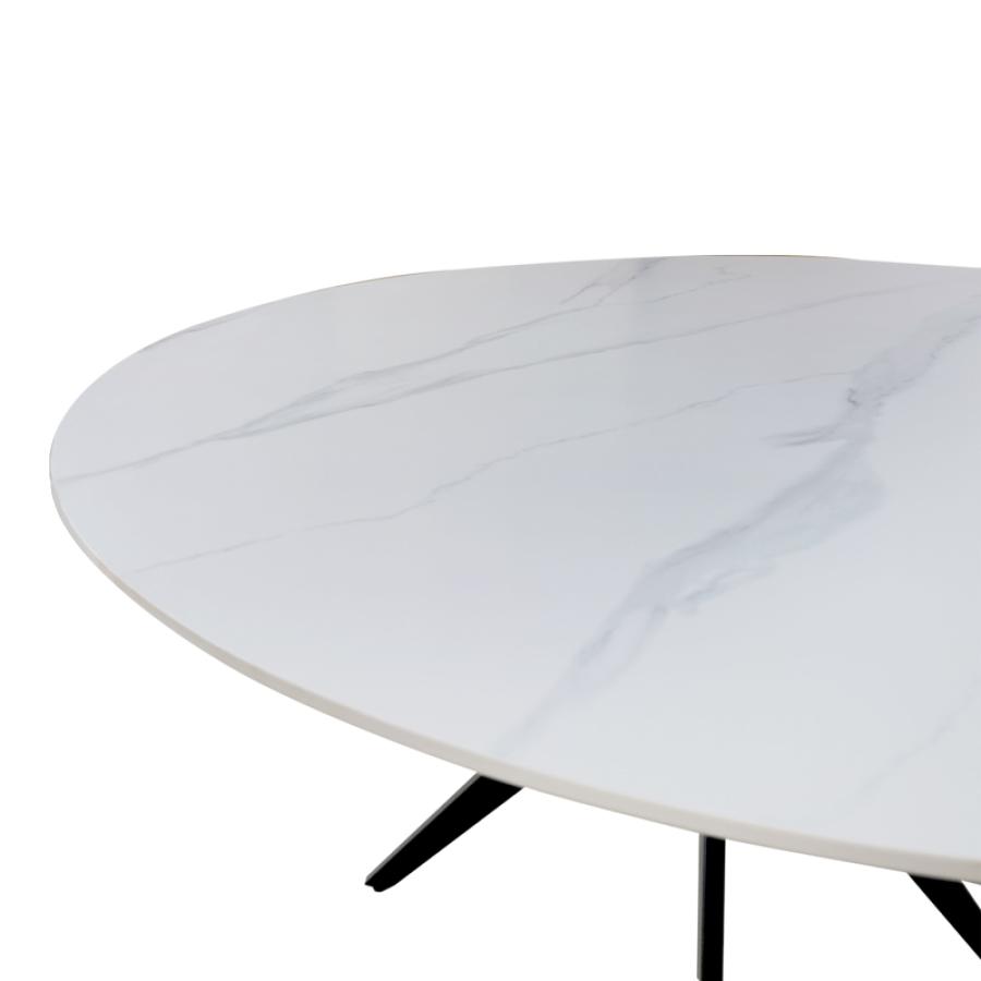 Τραπέζι Orbital pakoworld sintered stone λευκή όψη μαρμάρου με μαύρα μεταλλικά πόδια Φ120x76εκ