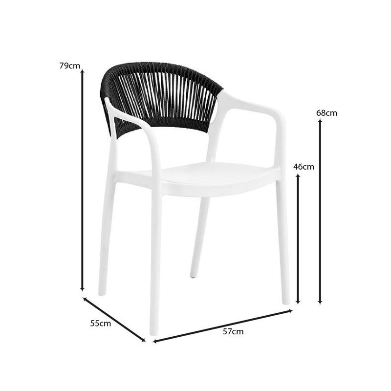 DONNA Πολυθρόνα-Pro Στοιβαζόμενη, PP-UV Άσπρο, Rope Wicker Μαύρο - vougioukas.gr