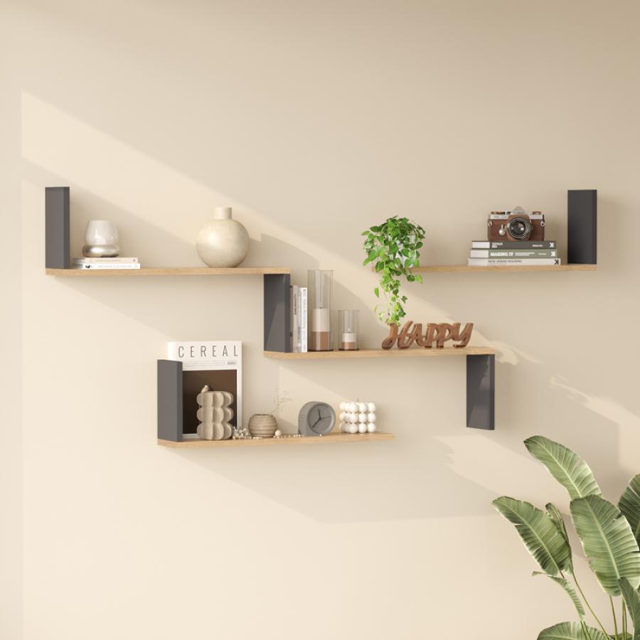 Ραφιέρα τοίχου Flear pakoworld oak με ανθρακί 179x14,5x76,2εκ