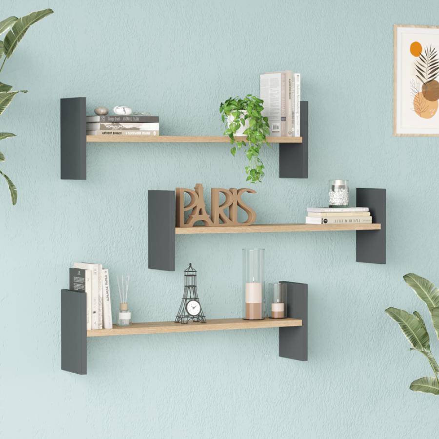 Ραφιέρα τοίχου Mento pakoworld oak με ανθρακί 75,6x14,5x23,6εκ